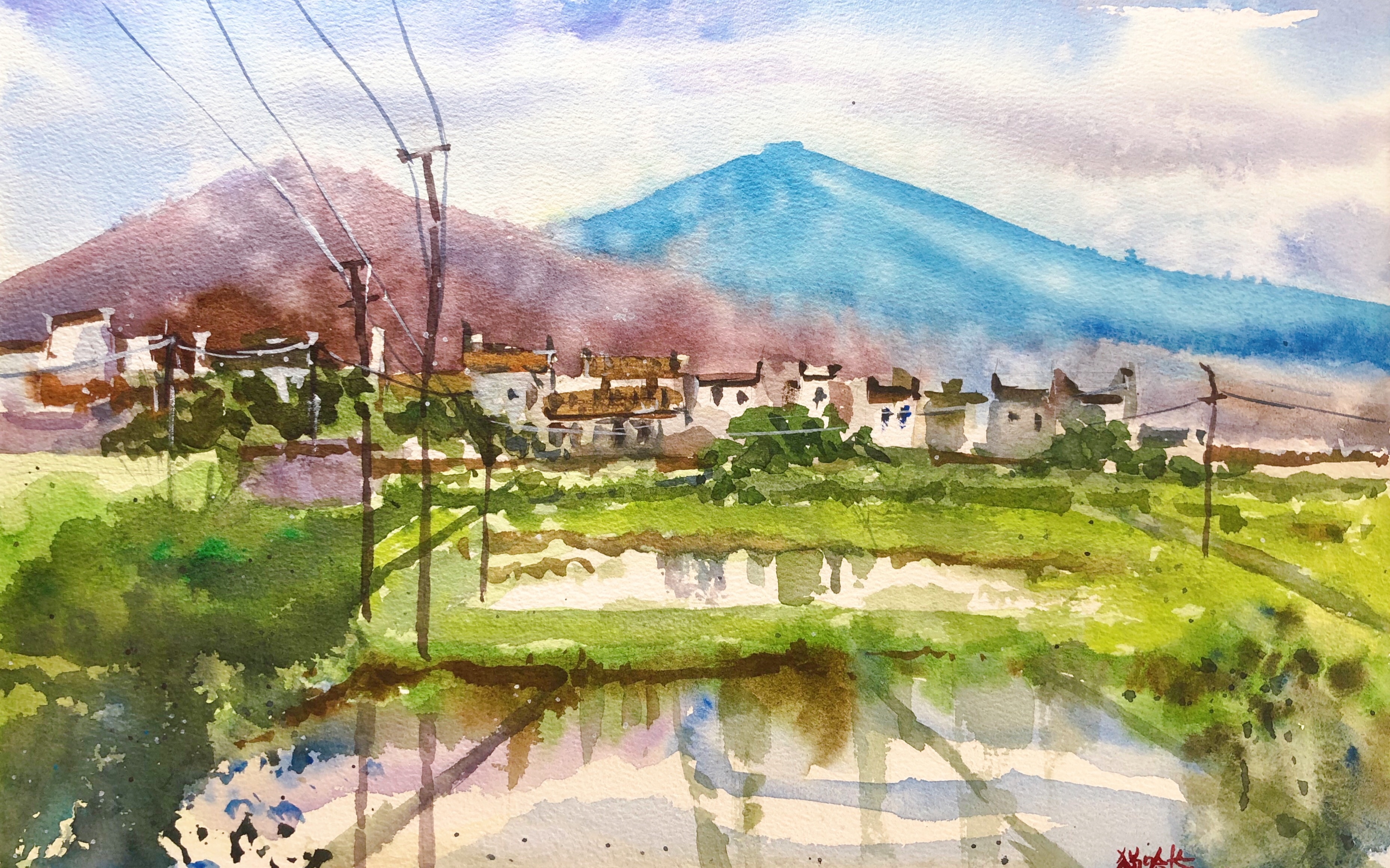 【猫哈长水彩】还记得家是唯一的城堡,稻田香香水彩风景画
