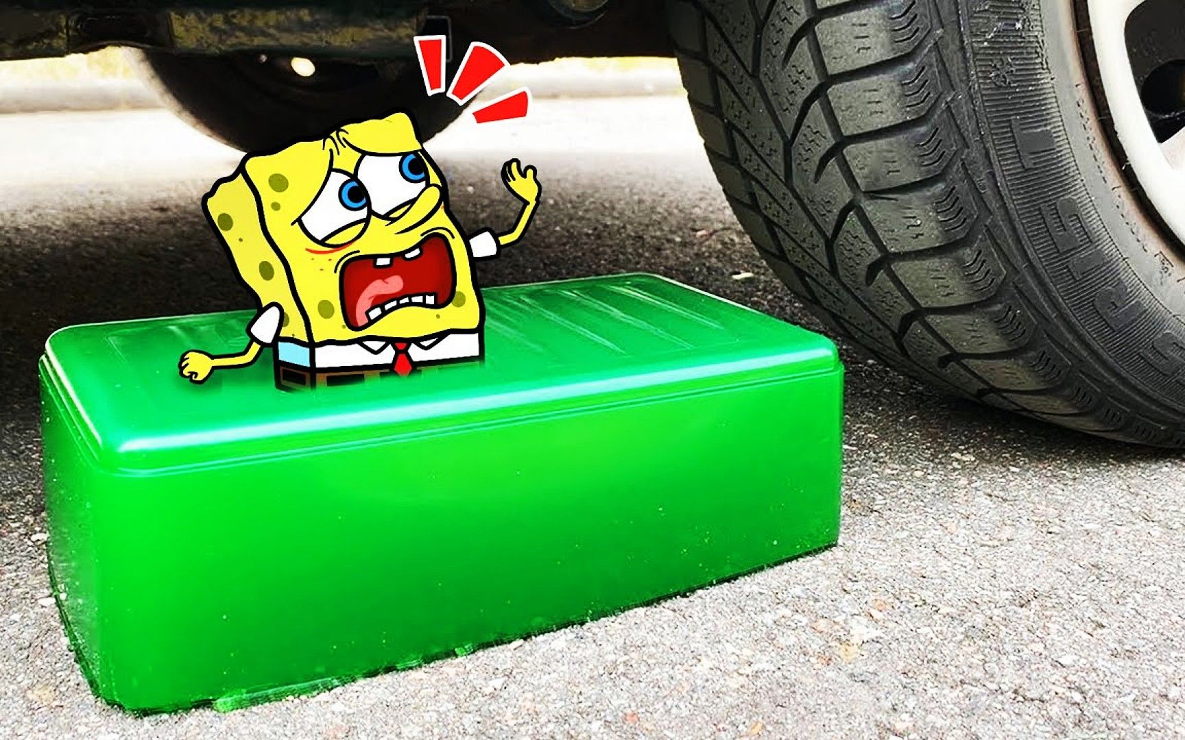 解压视频,危险!小绿方块要被大轮胎碾压了,海绵宝宝赶紧叫停!