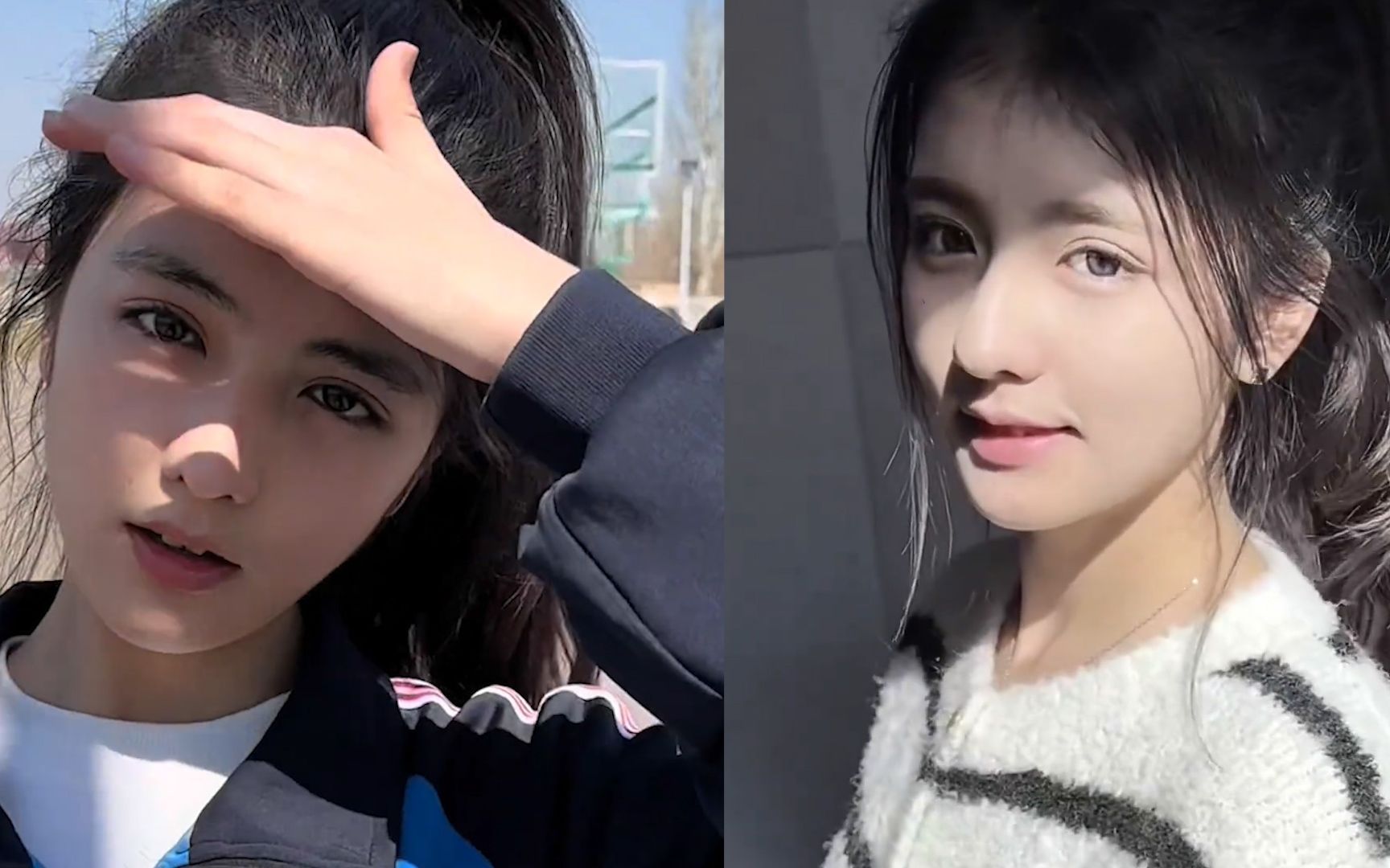 新疆女生在操场练习篮球,扎着高马尾青春靓丽,五官标致满脸清纯