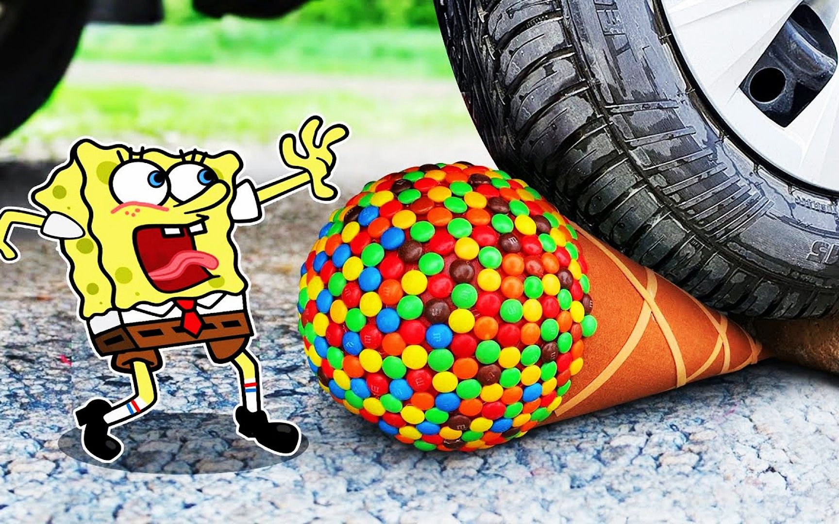 解压动画:彩虹豆冰淇淋,糟糕!要被大轮胎碾压,快帮帮海绵宝宝