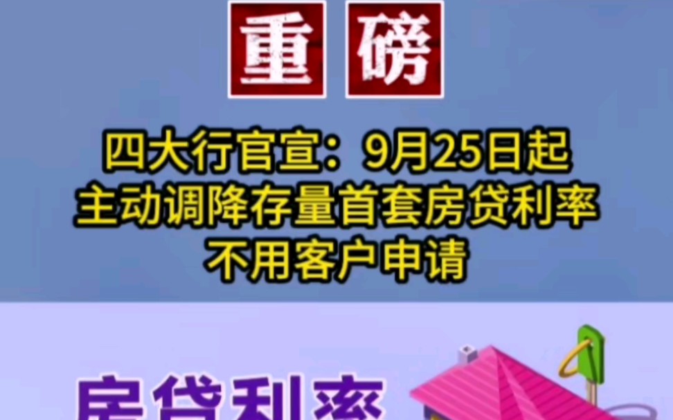 重磅!四大行官宣:9月25日起主动调降存量首套房贷利率,不用客户申请#四大行#四大行下调存款利率#中国银行#建设银行#工商银行#农业银行哔哩哔哩...