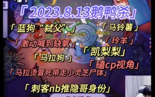 Download Video: 【刘小怂】2023.8.13鹅鸭杀/激烈对喊到缺氧/蓝狗“弑父”/马拉狗，马铃薯akq/凯梨梨be/专属磕cp视角/秃鹫速通