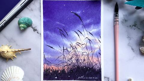 水彩教程】水彩手绘过程风景画系列晚霞落日夕阳城市—云彩之城_哔哩哔哩