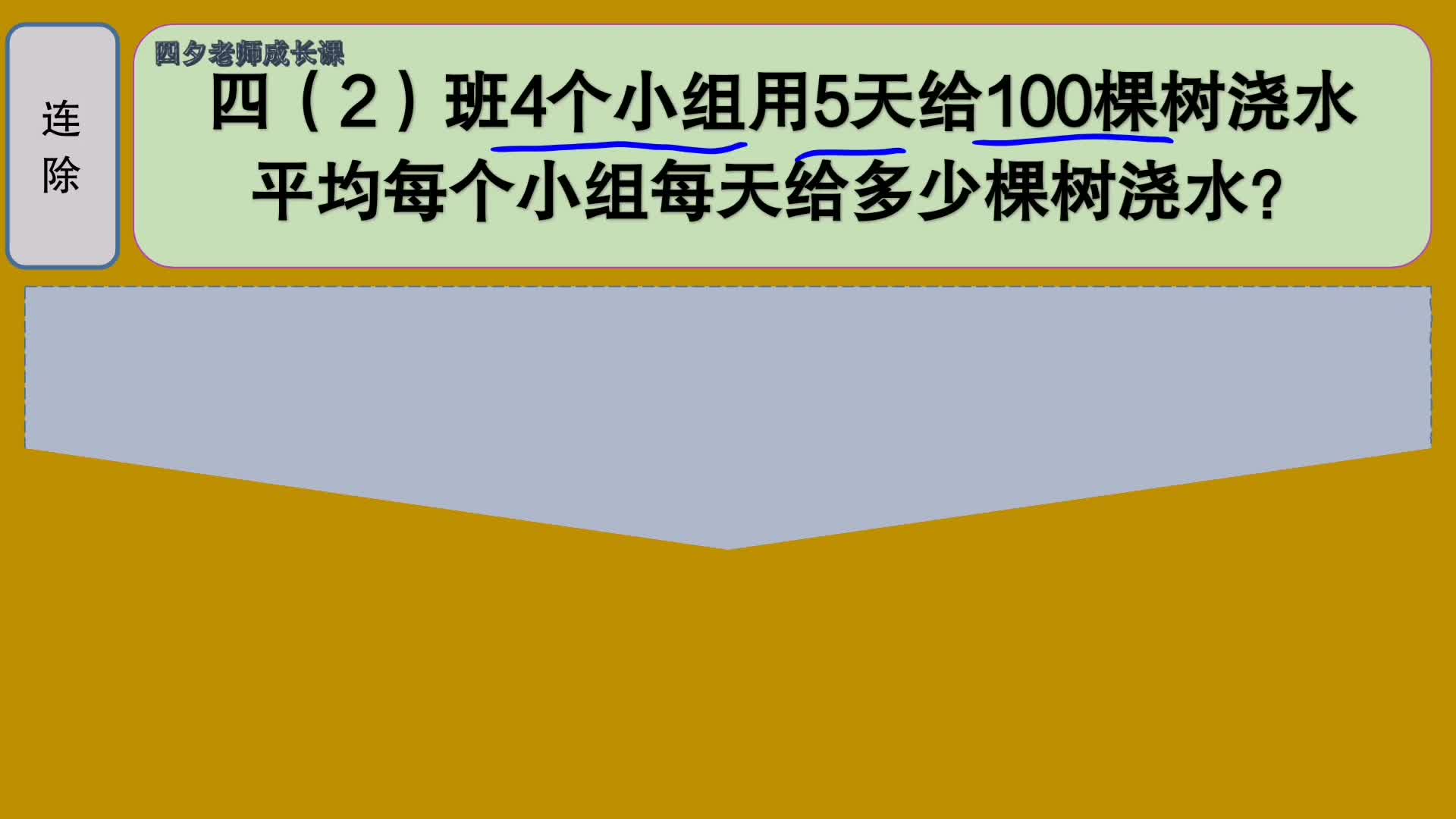 [图]四年级数学：两步连除应用题：平均每个小组每天浇树多少棵？