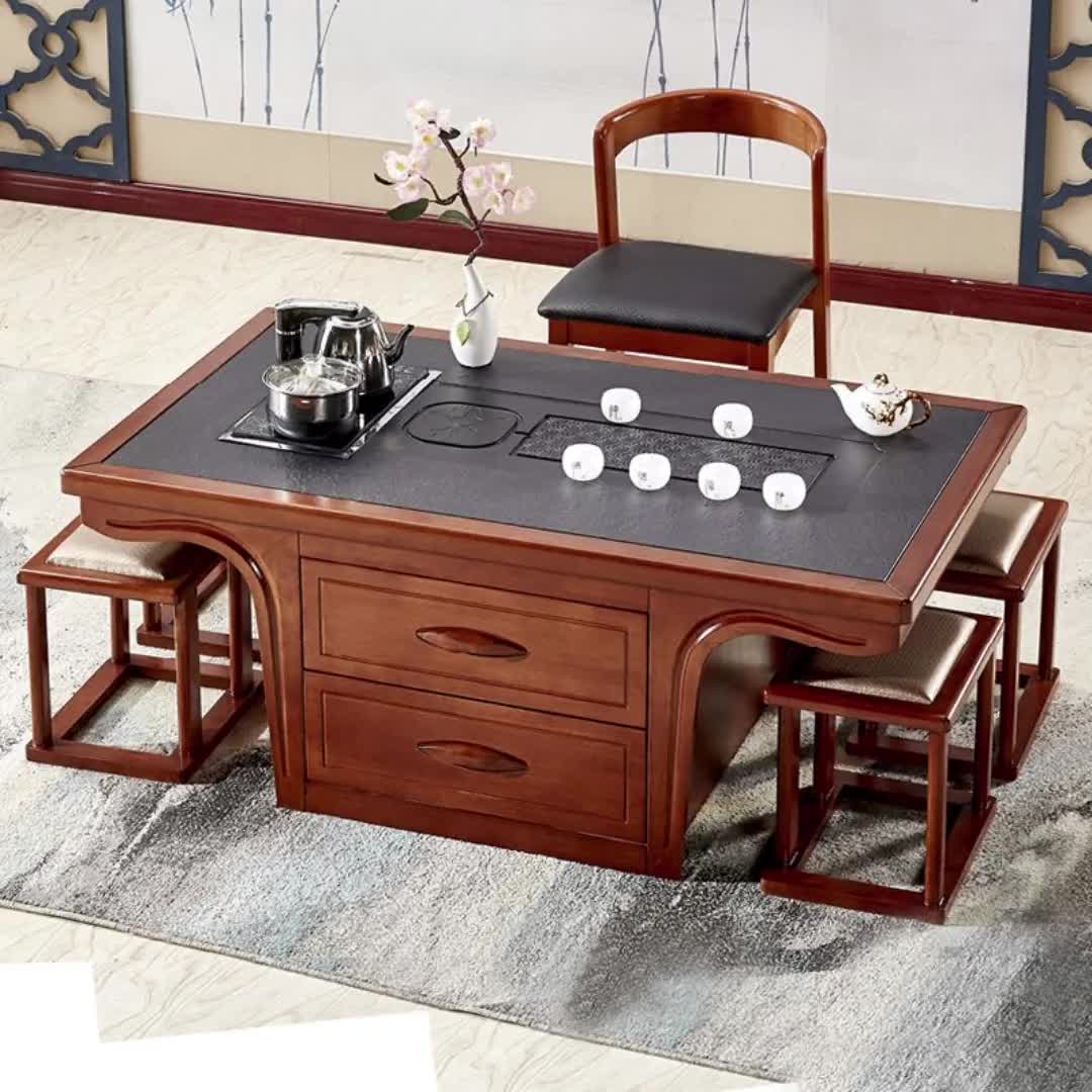实木茶桌椅组合火烧石功夫茶几多功能中式泡茶台两用智能茶具桌5490