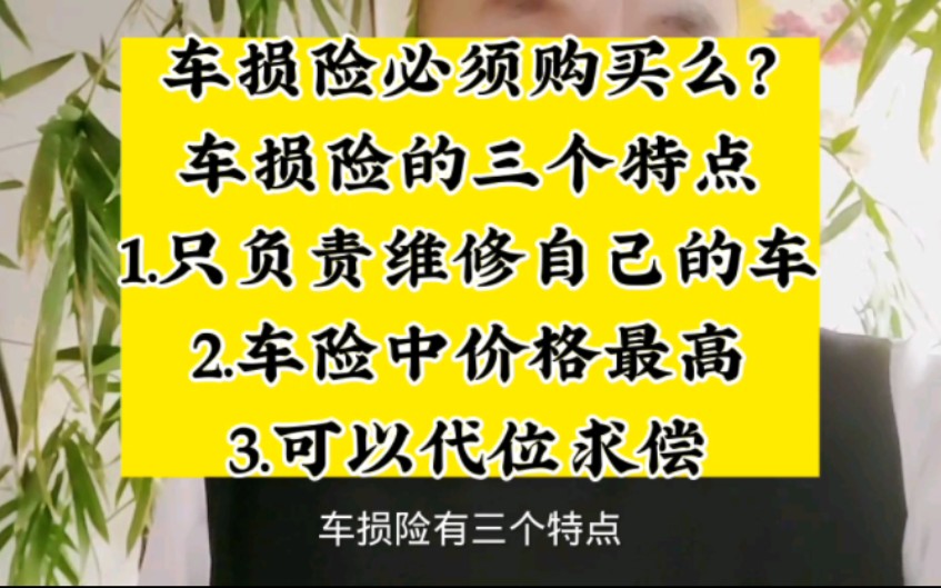 车险知识车损险必须购买么?车损险三个特点①只负责维修自己的车②车险中费用最高③可以代位求偿哔哩哔哩bilibili