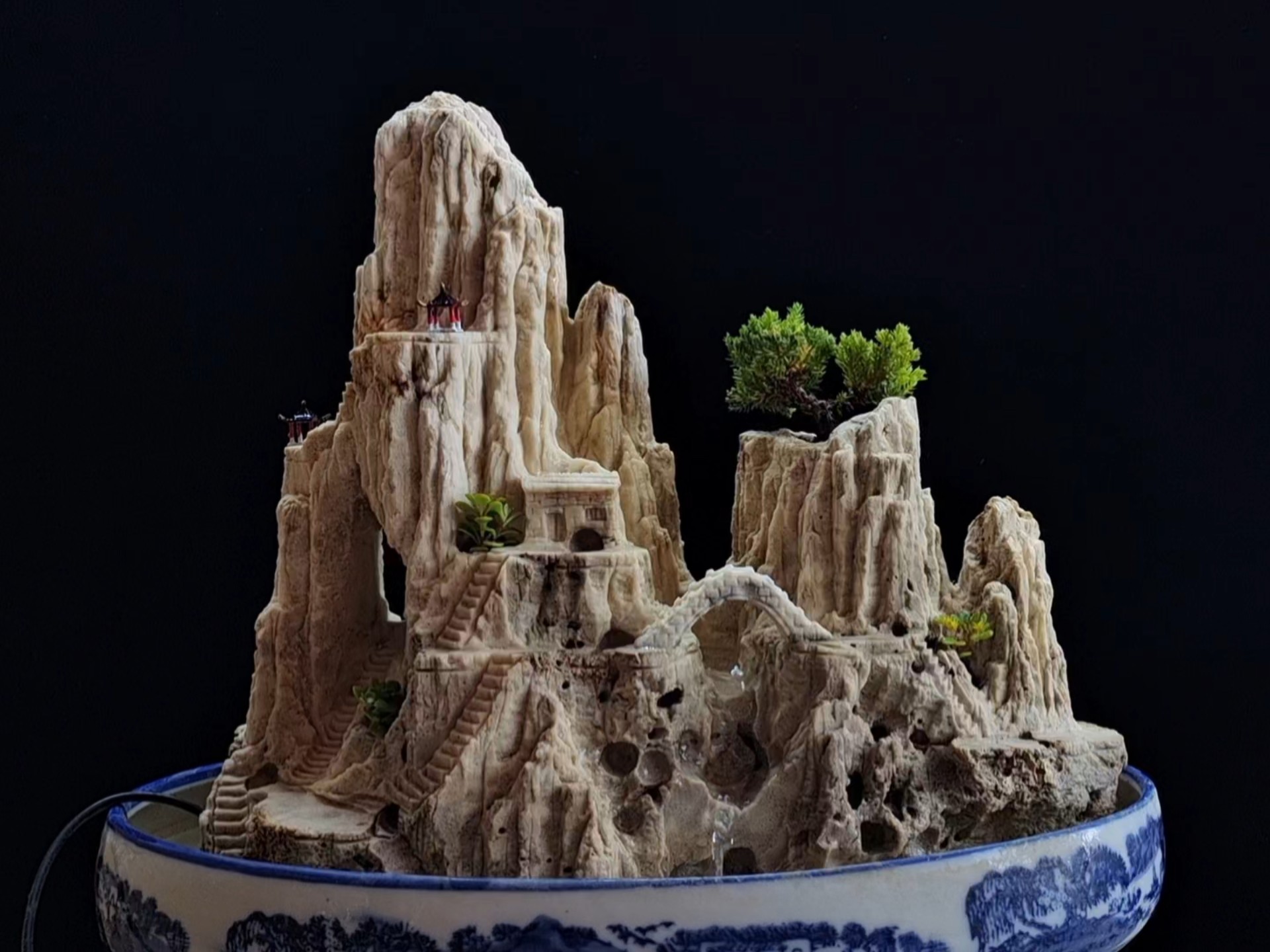 吴定石假山盆景,带流水瀑布,新作欣赏五