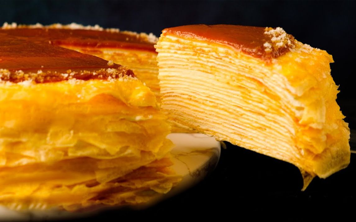 免烤箱焦糖千层蛋糕饼皮薄如蝉翼口感丰富甜而不腻