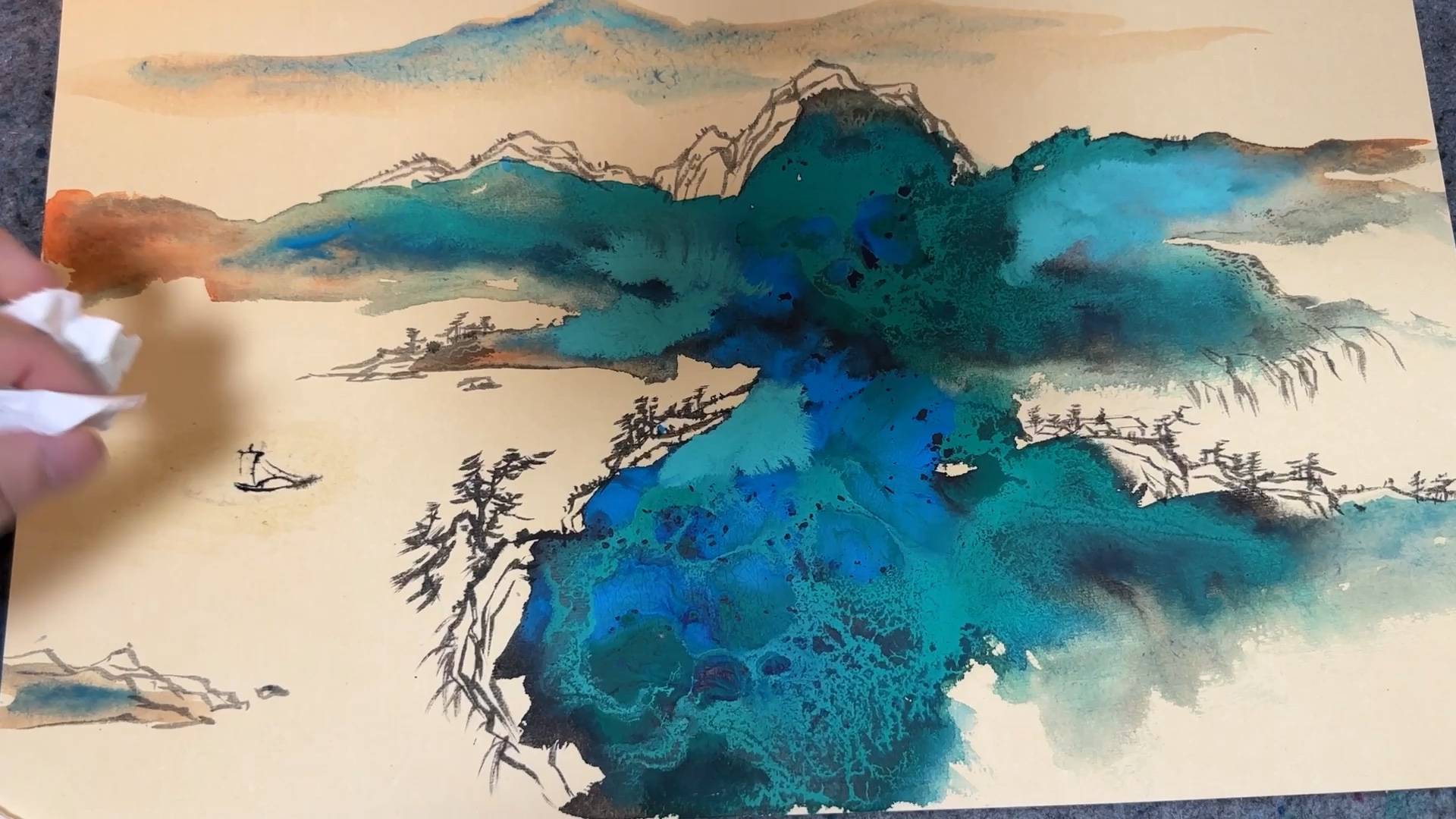 横幅泼彩山水卡纸收拾