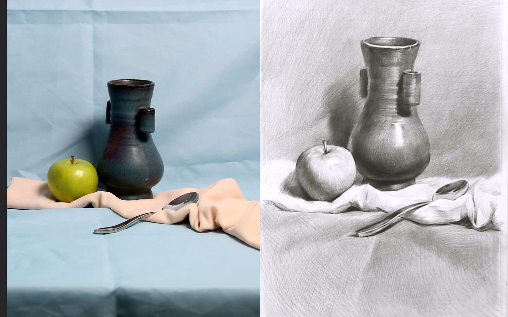 初级-静物组合深色陶罐苹果不锈钢勺