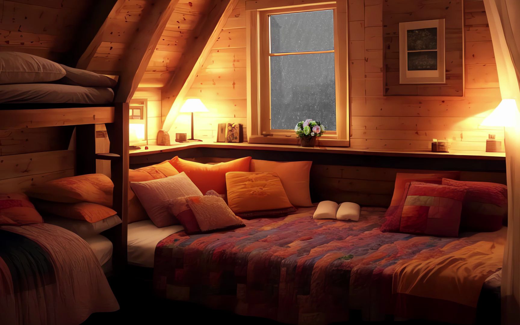 在温馨小屋的雨夜,窗外雨声,和闷雷声,适合放松睡眠