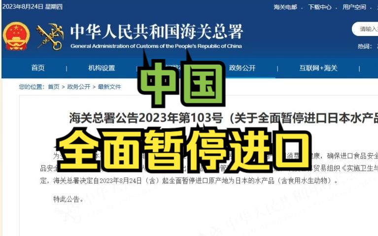 中国海关总署:全面暂停进口日本水产品哔哩哔哩bilibili