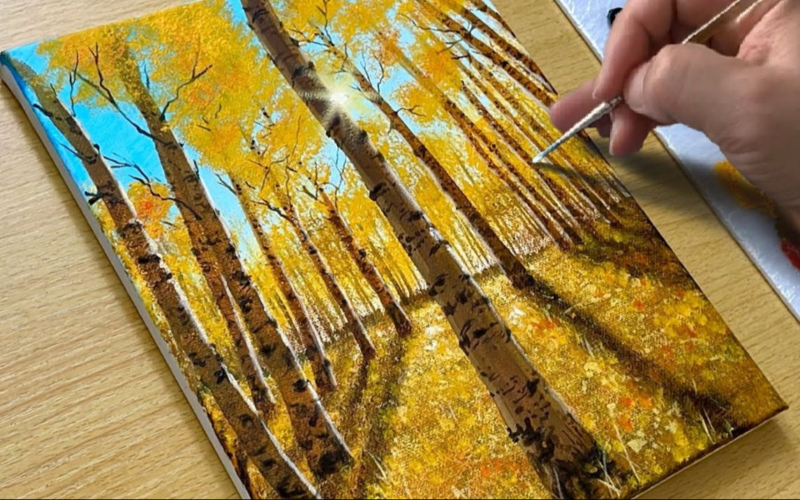 【丙烯画】【绘画教程】【中字】桦树林Autumn Forest Painting Acrylic Painting Tutorial哔哩哔哩bilibili