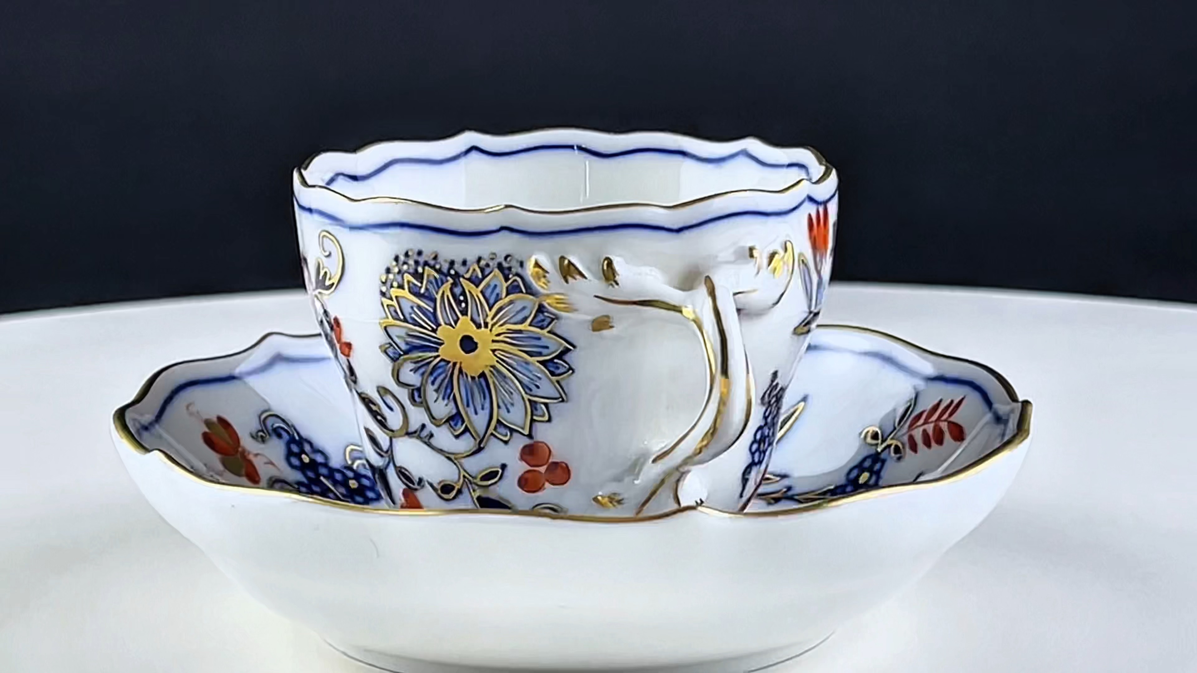 【瓷器】德国梅森瓷器 赤金蓝洋葱咖啡器 一杯一碟 1人位 1970