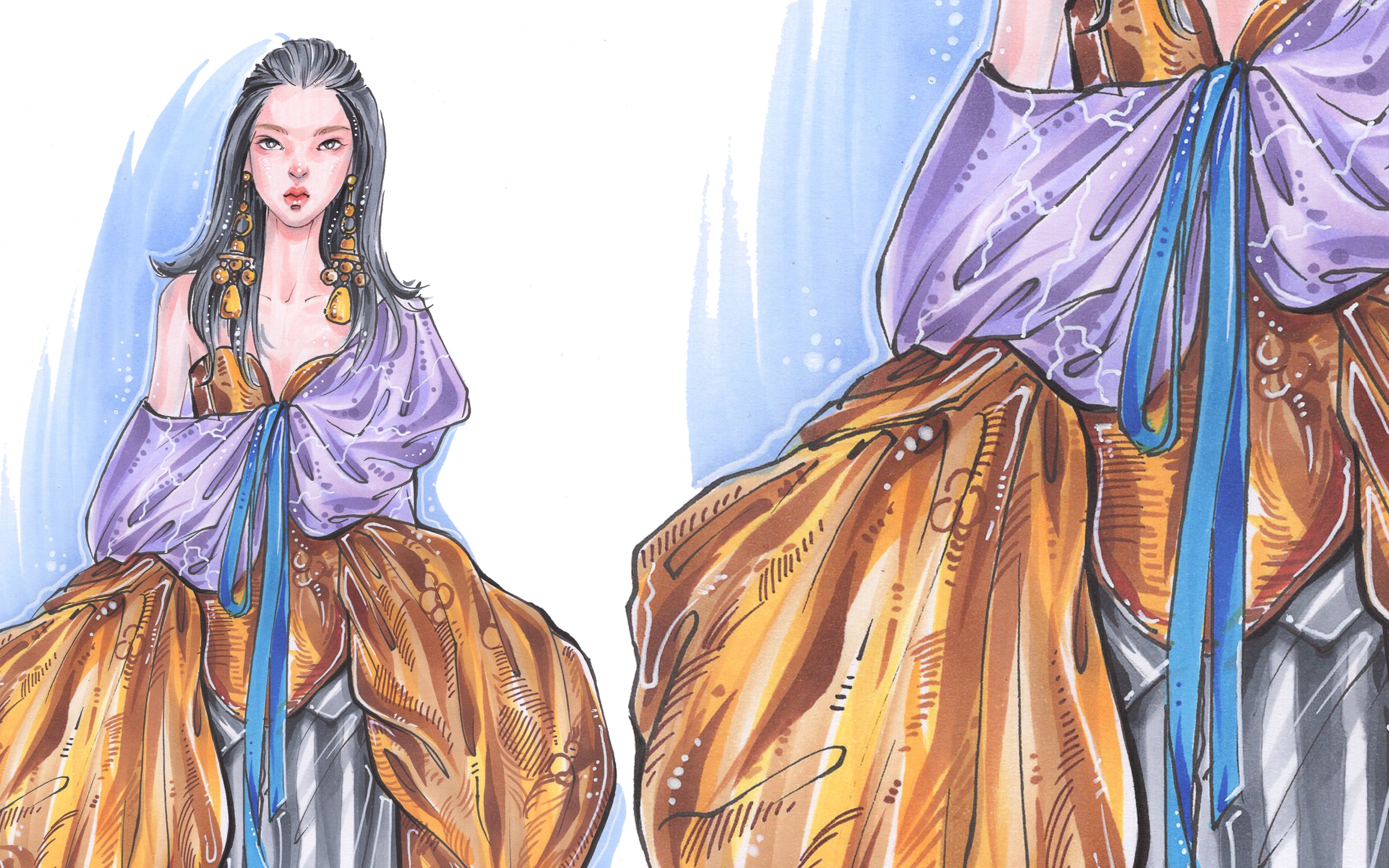 【服装设计手绘】马克笔上色技法,脸部与衣身褶皱,条纹的上色技法
