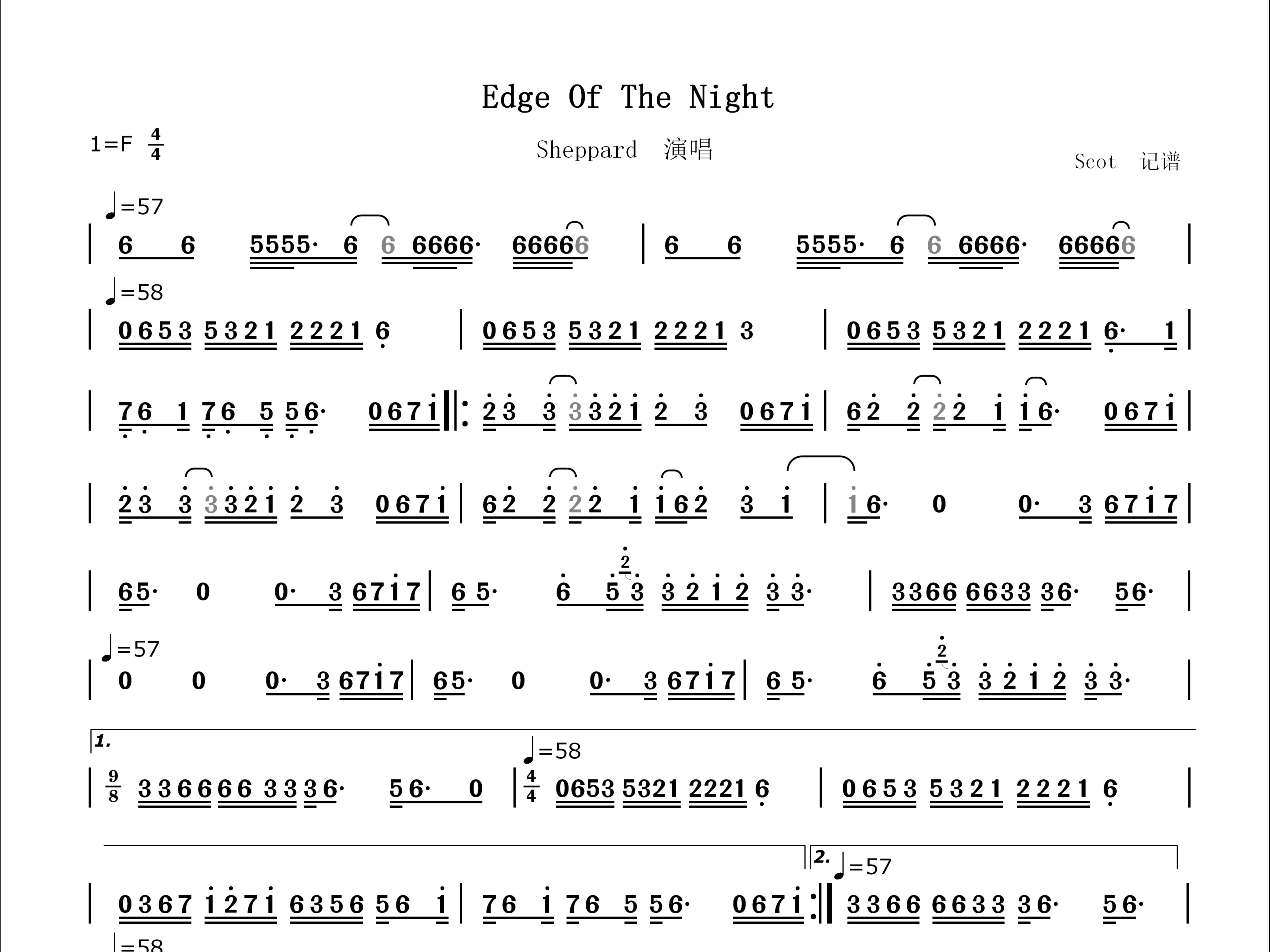 [图]【抖腿神曲】Edge Of The Night - Sheppard演唱--动态简谱