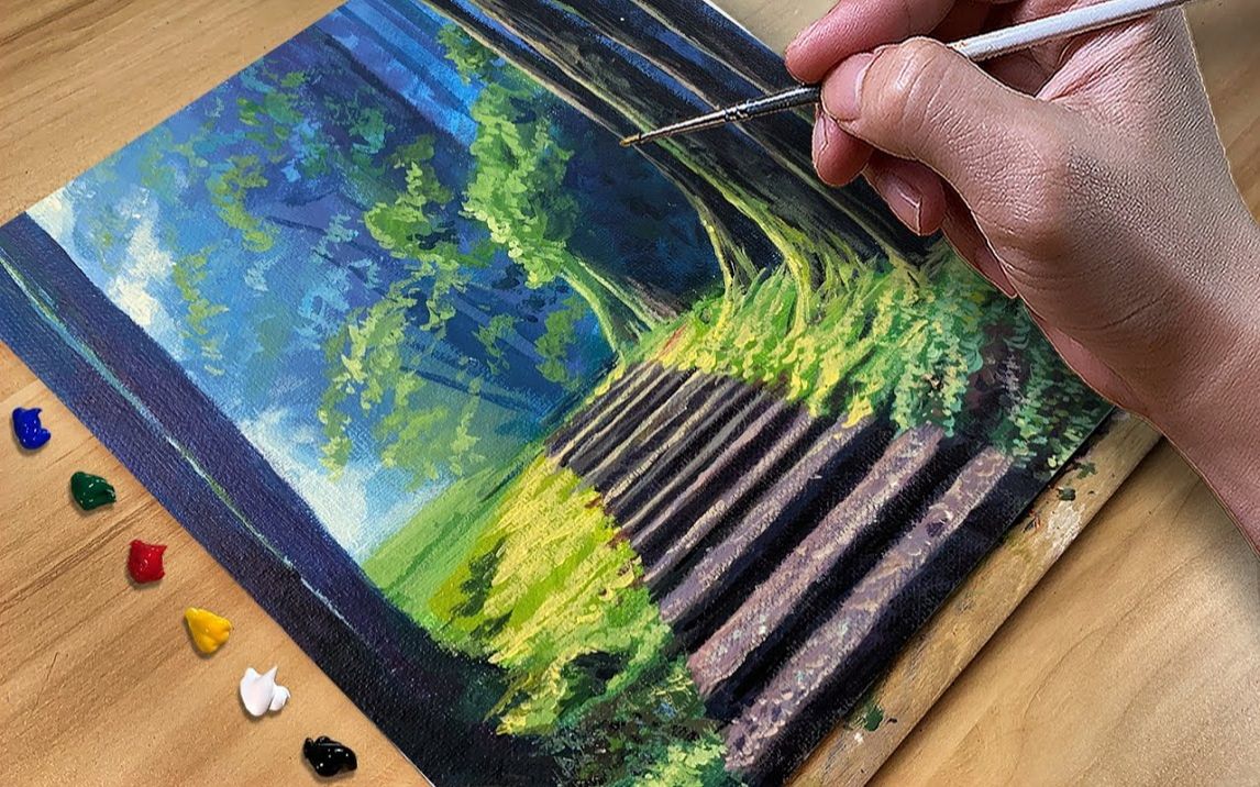 【丙烯画】【绘画教程】林间小道How to Paint Forest Stairs Acrylic Painting哔哩哔哩bilibili