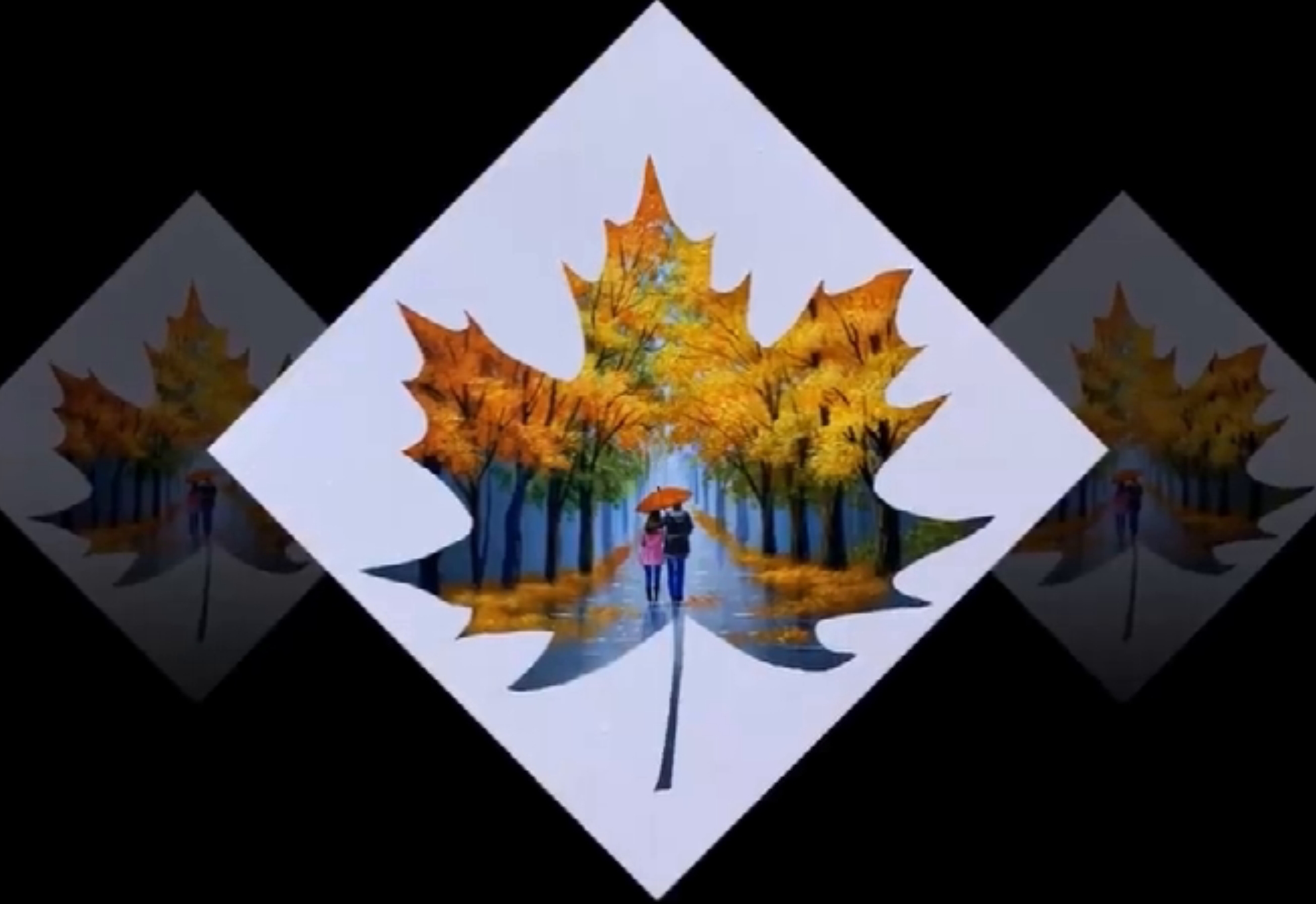 枫树剪影-漫步在雨中情侣