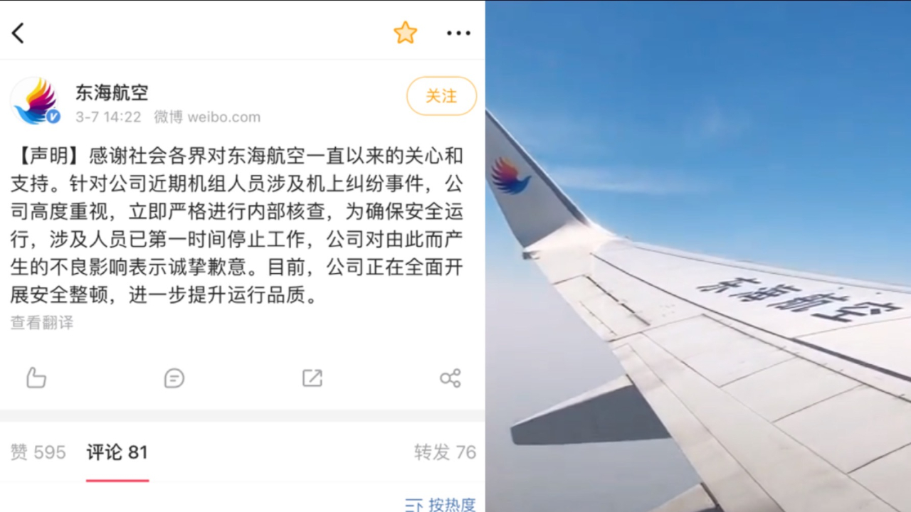 东海航空回应机长与乘务长互殴:涉及人员已停止工作哔哩哔哩bilibili