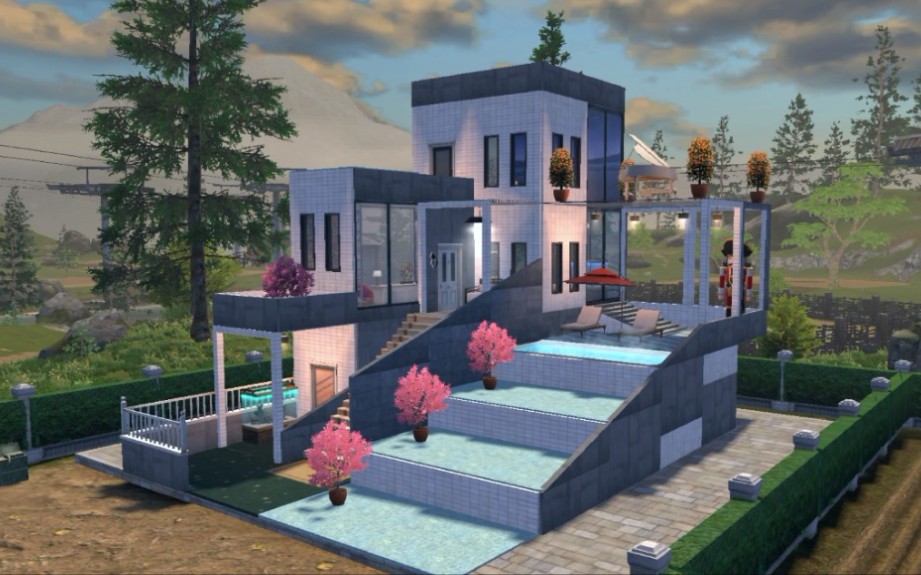 明日之后原创建筑 《流水简居》简约独居小别墅 泳池水幕小资情调