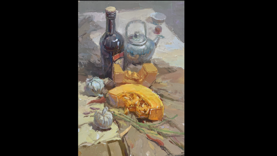 酒瓶南瓜块色彩静物一