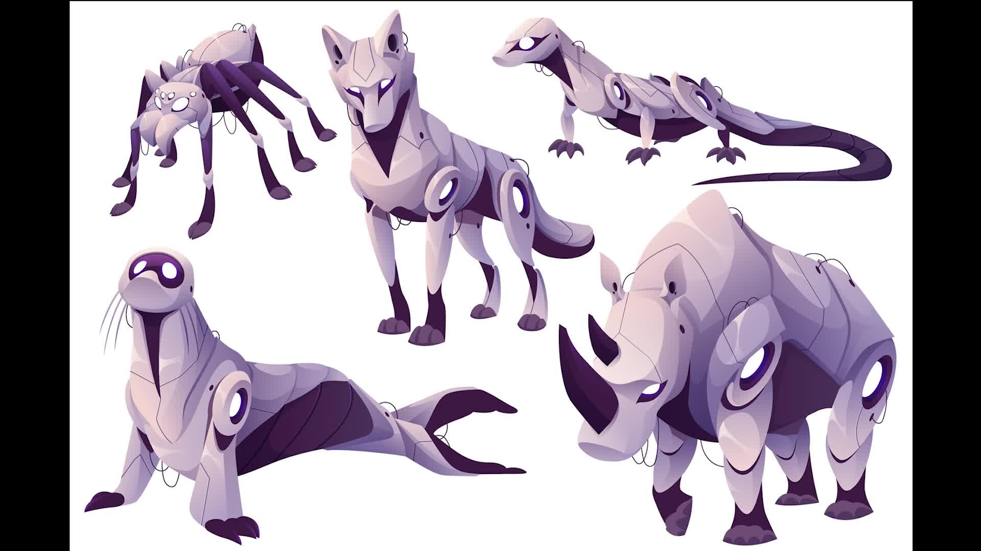 赛博朋克未来机械动物狗狼狮虎鹿蛇狐熊猫袋鼠海豹鹰蜂ai矢量素材