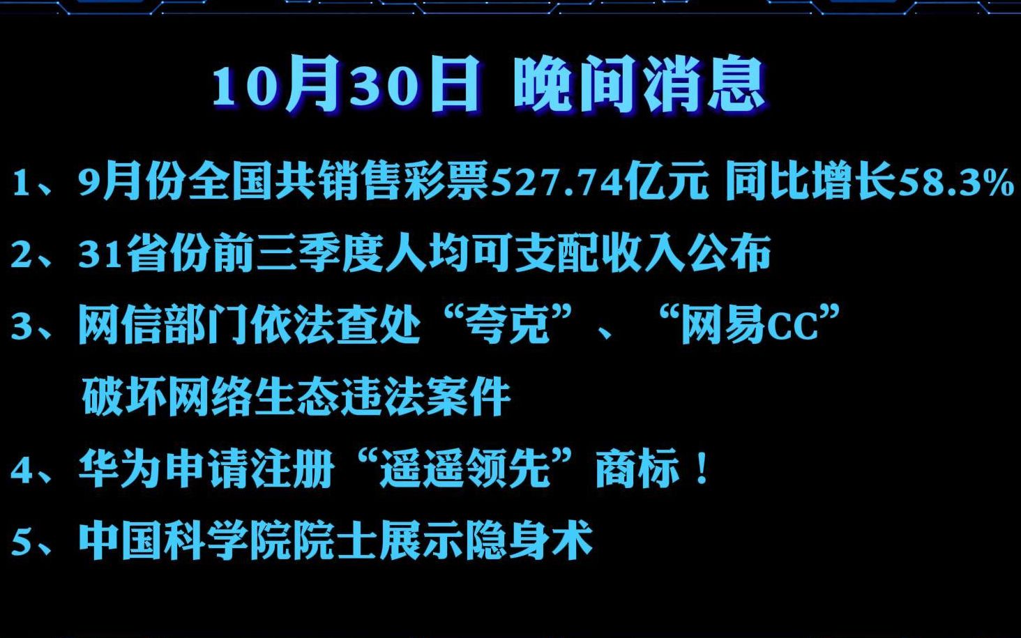 10月30日晚间消息 |夸克被罚款50万、前三季度人均可支配收入、9月份全国共销售彩票527.74亿元 、华为申请注册“遥遥领先”商标!中国科学院院士展示...