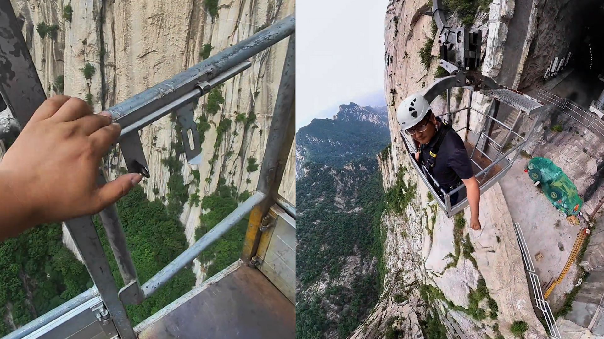 华山索道检修人员坐敞篷缆车检查,几根钢管设计草率,一低头吓疯