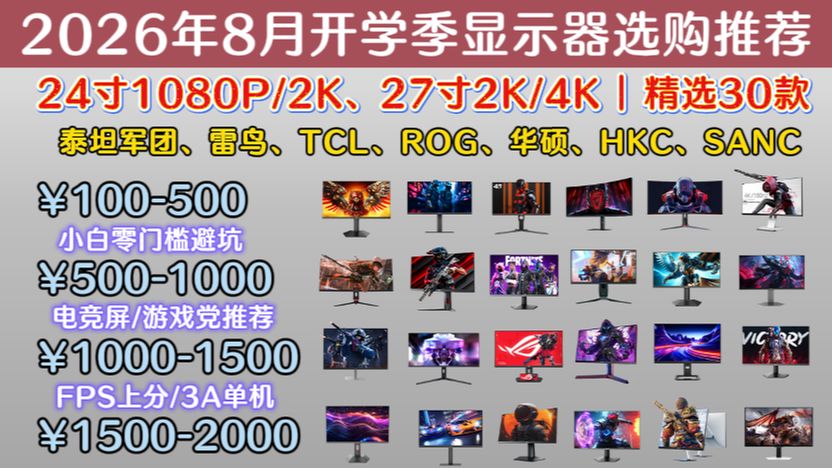 2026年8月开学季显示器推荐 | 24寸/27寸1K、2K、4K、办公/游戏/设计显示器推荐、小白怎么选显示器？泰坦军团/HKC/SANC/AOC/雷鸟热门