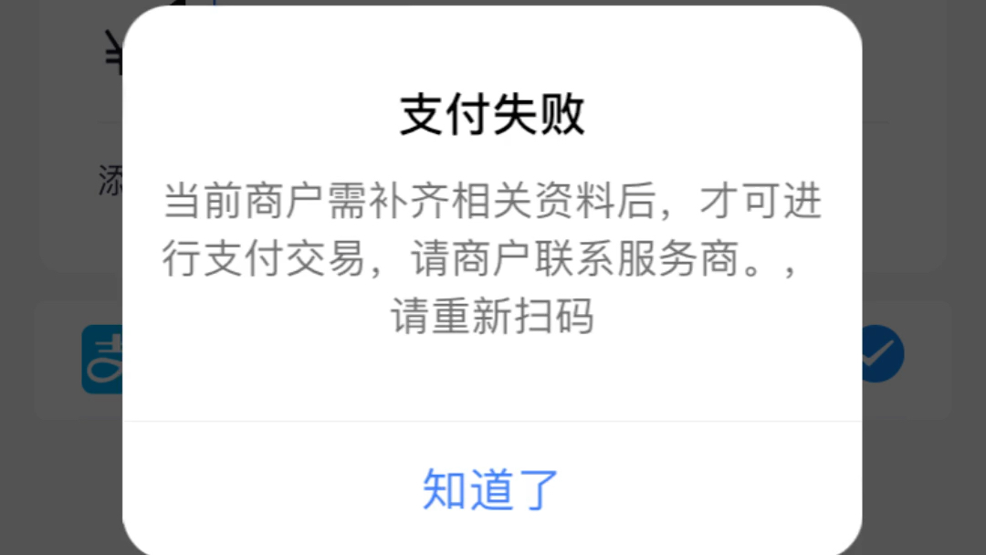 支付宝支付失败当前商户需补齐相关资料后,才可进行支付交易,请商户联系服务商.,请重新扫码知道了哔哩哔哩bilibili