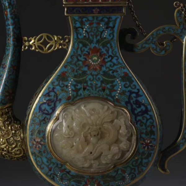 琺】☆ 景泰藍 銅胎琺瑯行龍紋緒締玉 ☆清代祥雲火珠 七宝文様文房珍玩