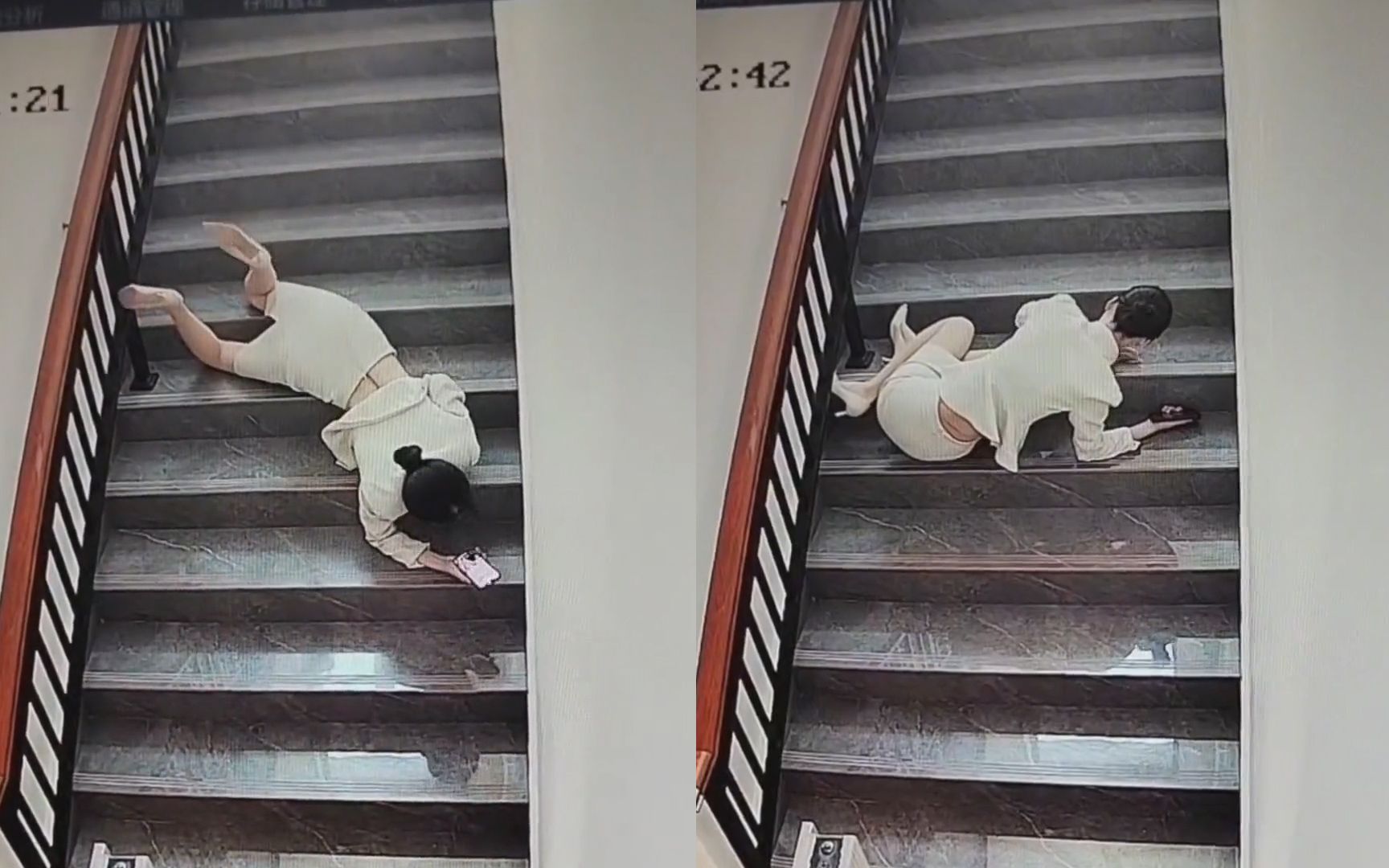 高跟美女下楼梯时不慎摔倒,随后竟趴地检查手机坏没坏,网友笑哭