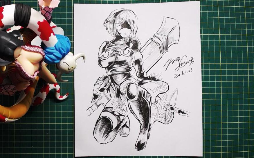 临摹超帅气无线稿手绘一个欧派2b小姐姐记得戴耳机听歌