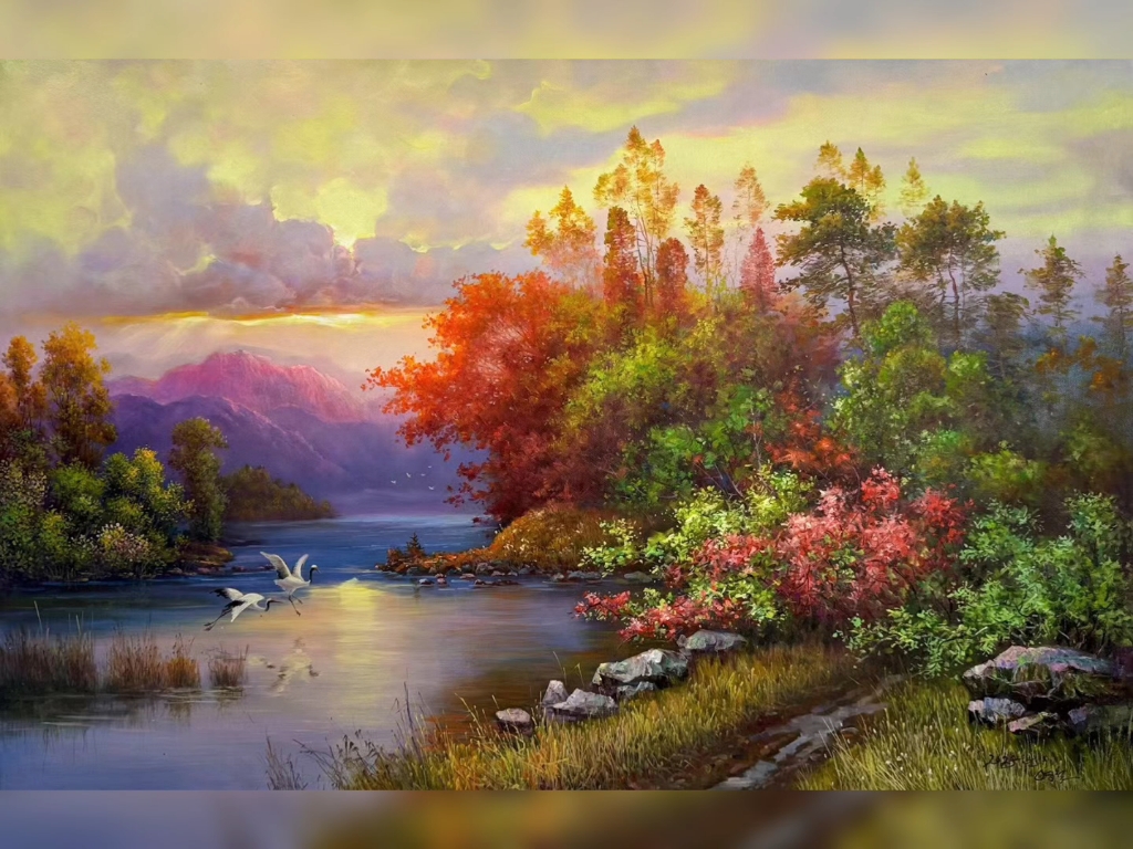 朝鲜油画《 暮色吻过鹤影,泼洒满卷流光》,金英哲,尺寸117/76厘米c