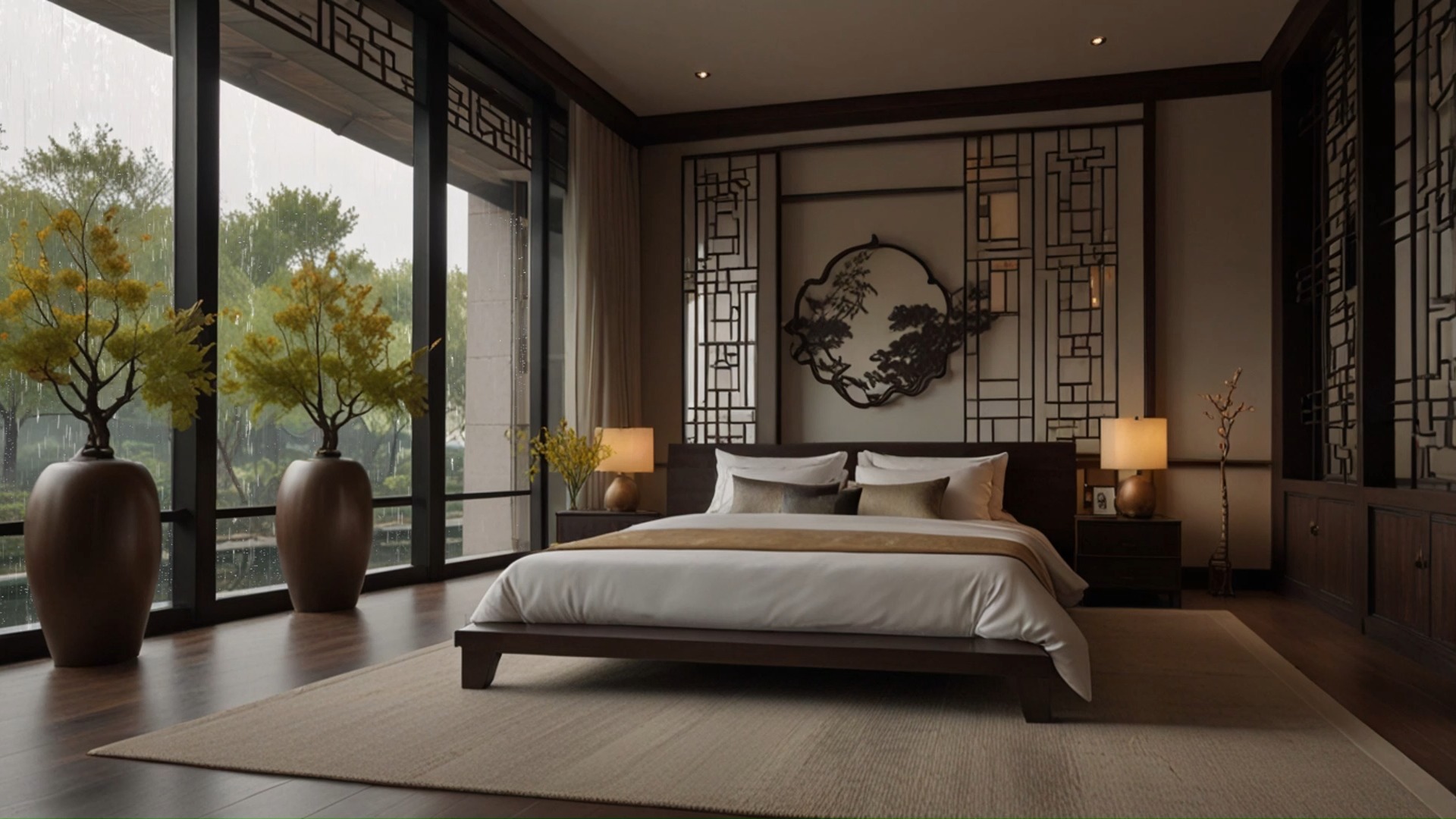 在富有中国风的卧室中,享受雨声,感受所带来的放松与舒缓