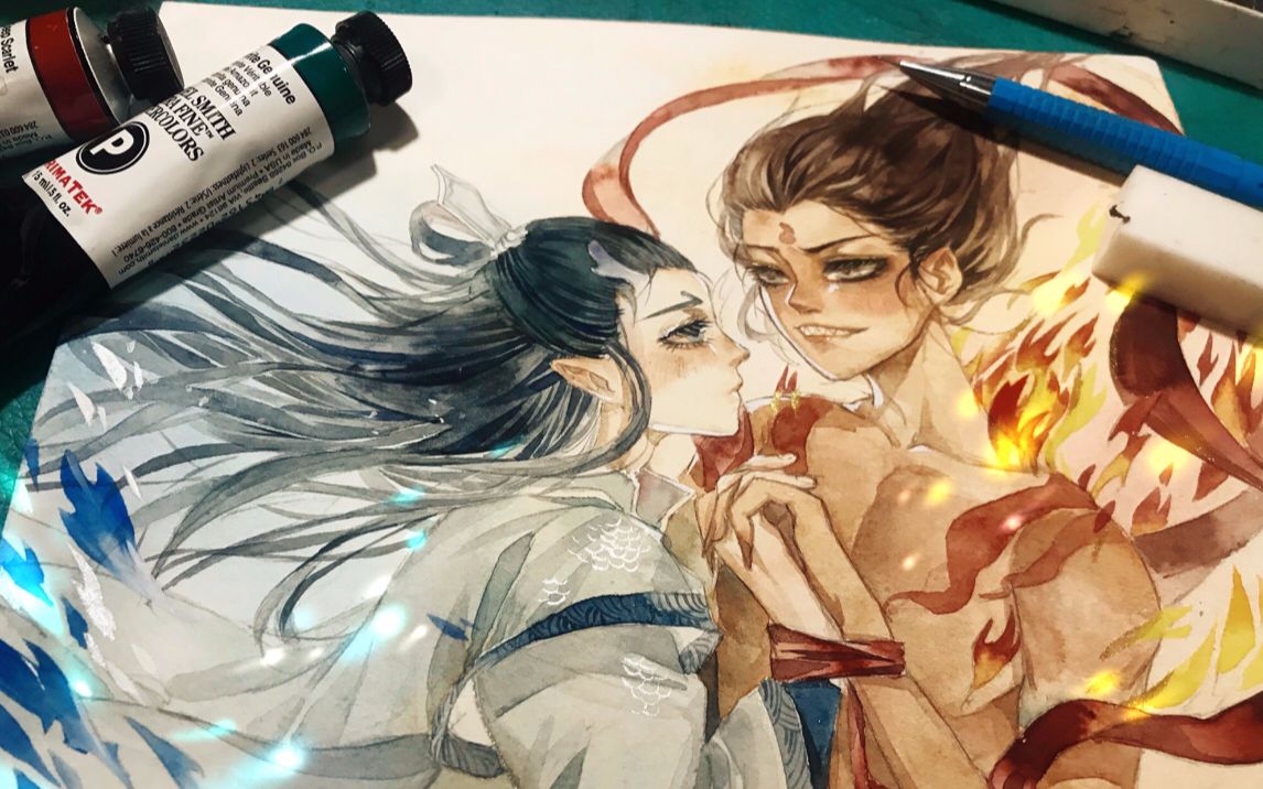 【水彩手绘】哪吒之魔童降世 太好看啦!敖丙 哪吒=藕饼!一起来磕藕饼!