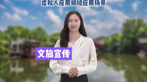 图片展示了一位站立的女性，背景是一座桥和水面，上方有蓝天白云，图片中还有文字提示“文旅融合”。