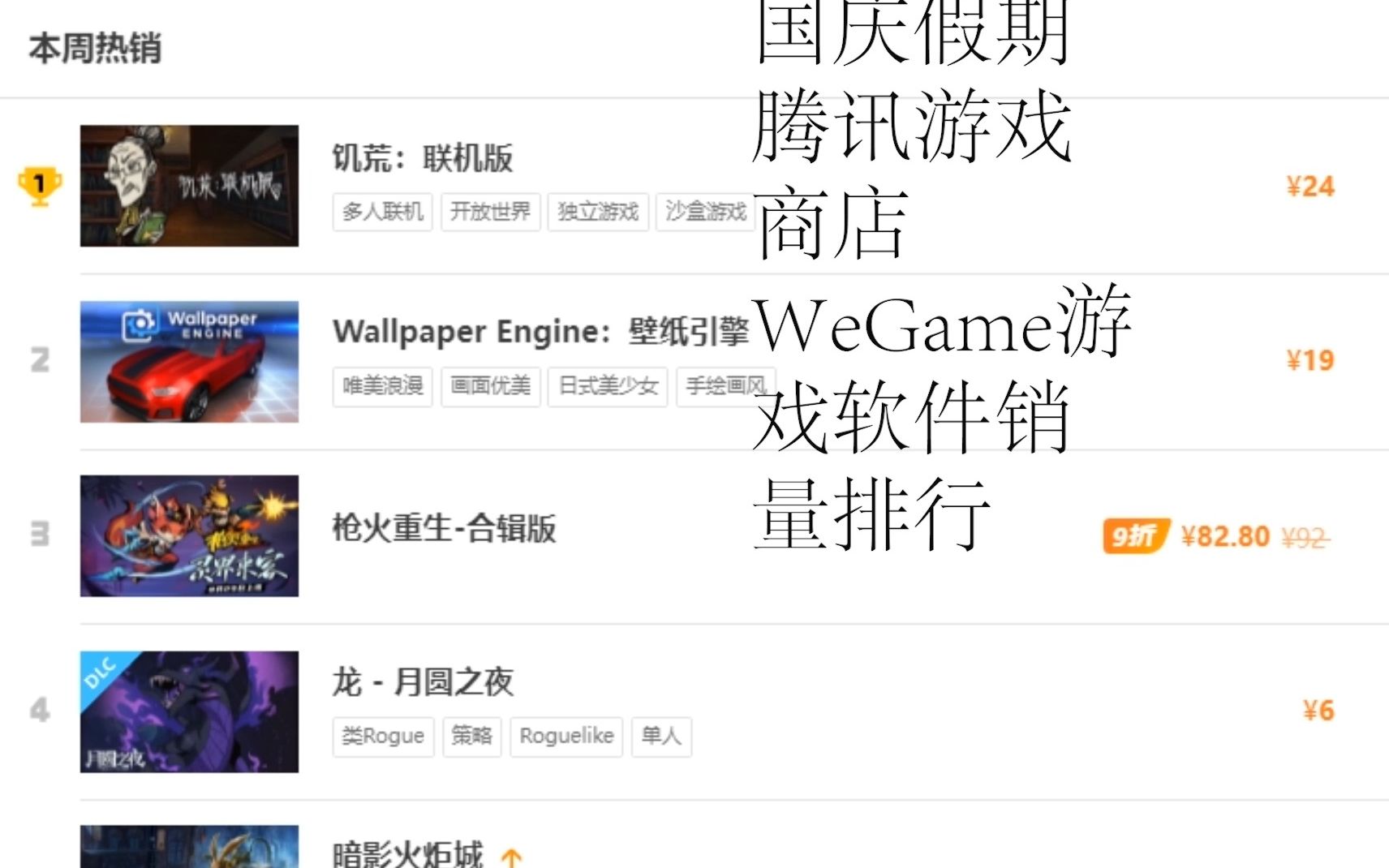 国庆假期腾讯游戏商店WeGame游戏销量前十排名游戏杂谈