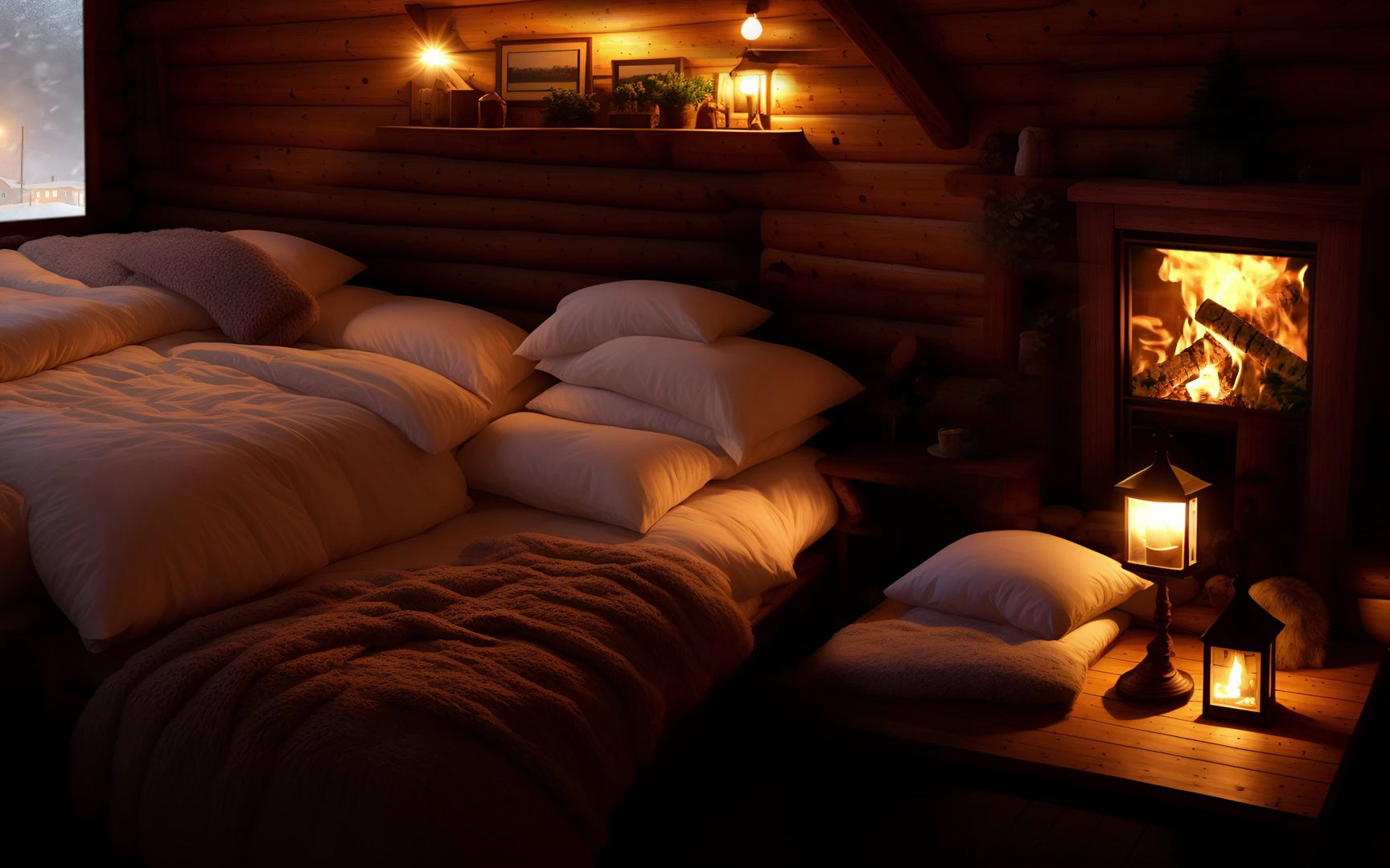 暴风雪夜舒适雪原小屋,巨大风雪,篝火声,放松助眠氛围