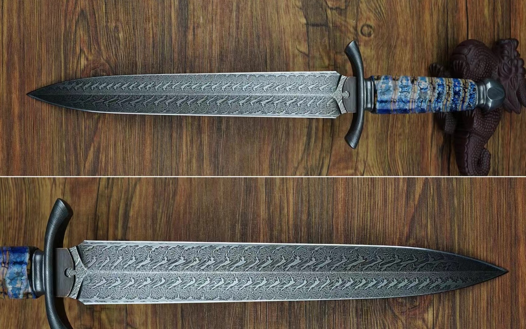 锻造大马士革钢短剑全长:335mm刃长:210mm柄长:125mm宽度:41mm厚度:6.