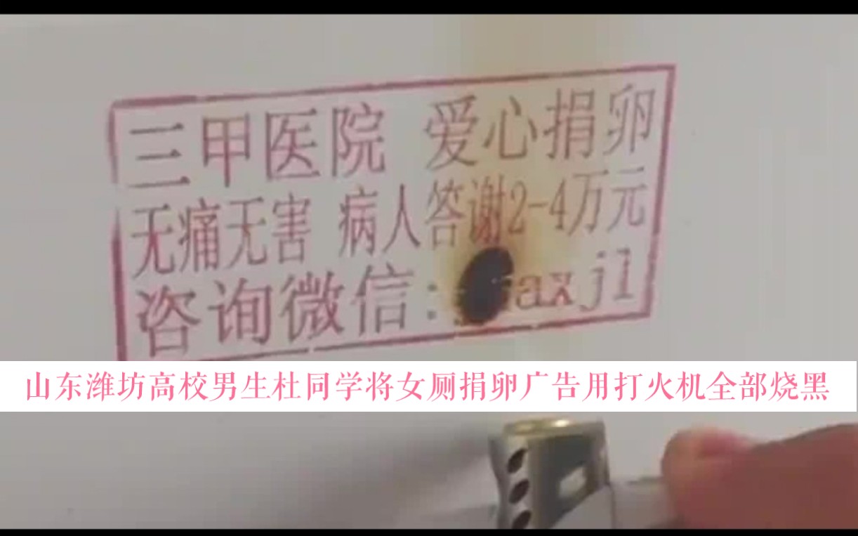 山东潍坊高校男生杜同学将女厕捐卵广告全部烧黑