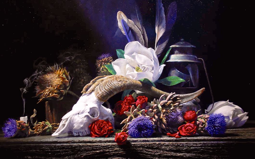 andrewtischler关于静物画的描绘羊头骨与花卉的虚空画