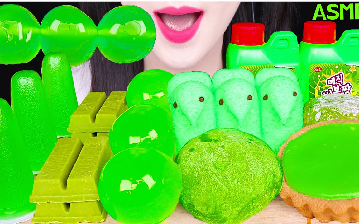 jane吃播助眠绿色食物系列果冻棉花糖kitkat糯米糍