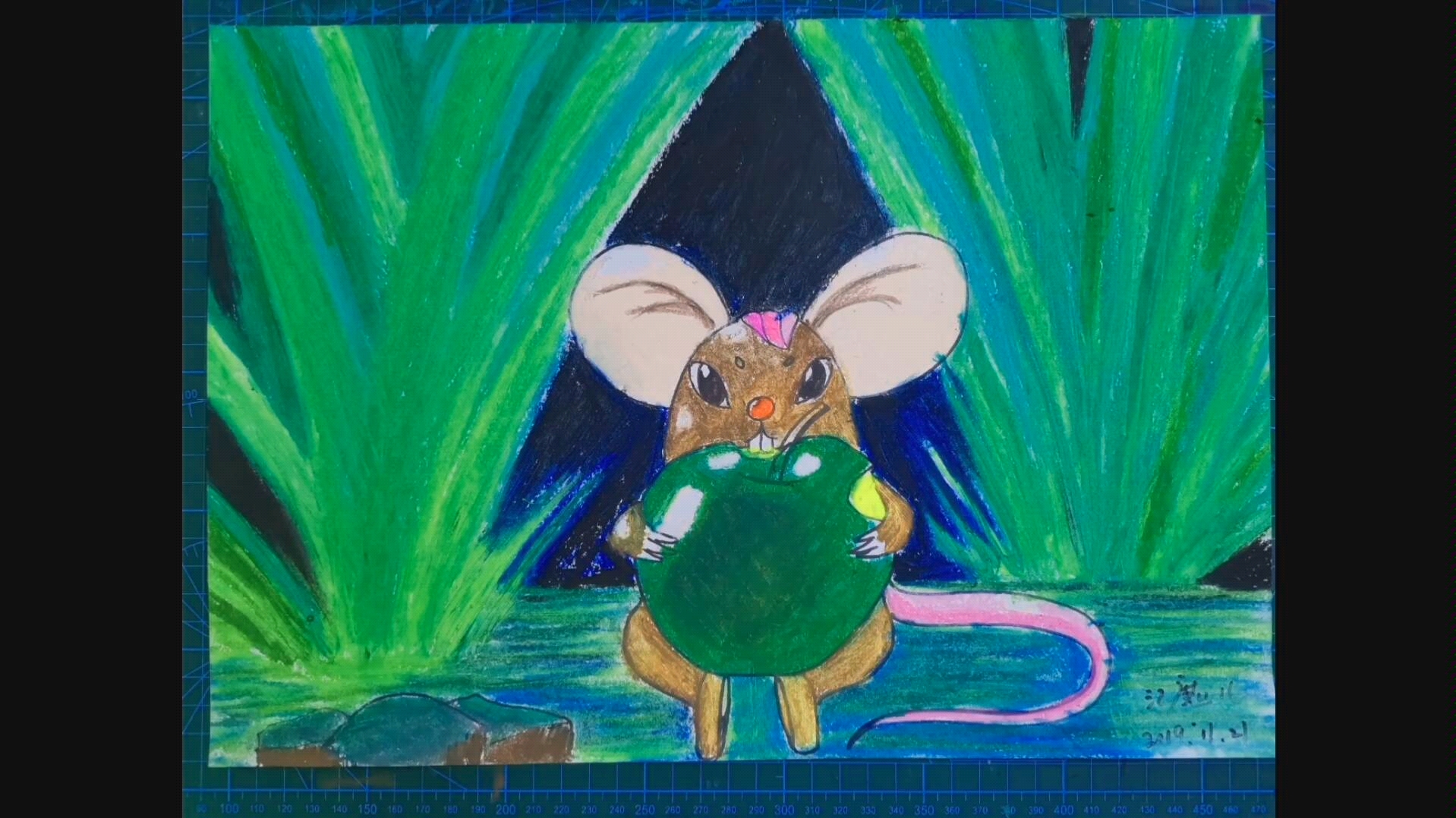 油画棒范画啃苹果的小老鼠绘画教程