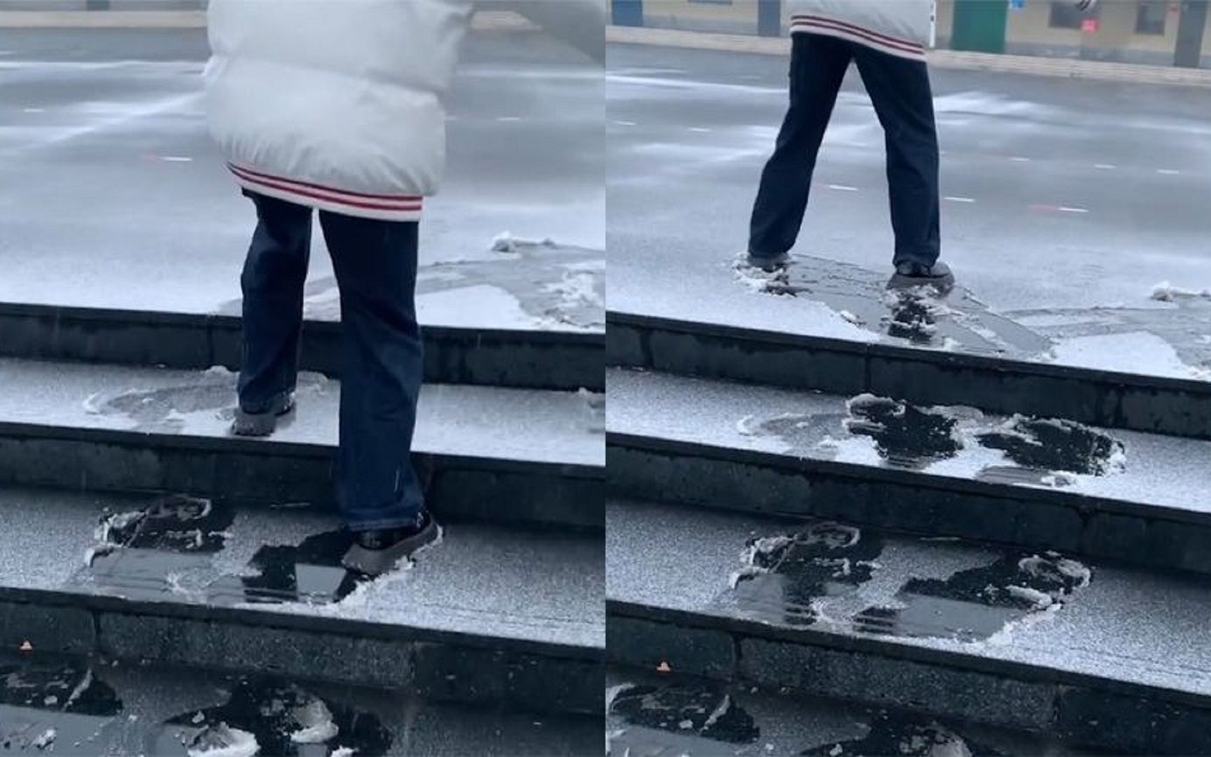 女子雪天上楼梯一路打滑,摩擦摩擦似魔鬼的步伐,网友直呼:注意安全!