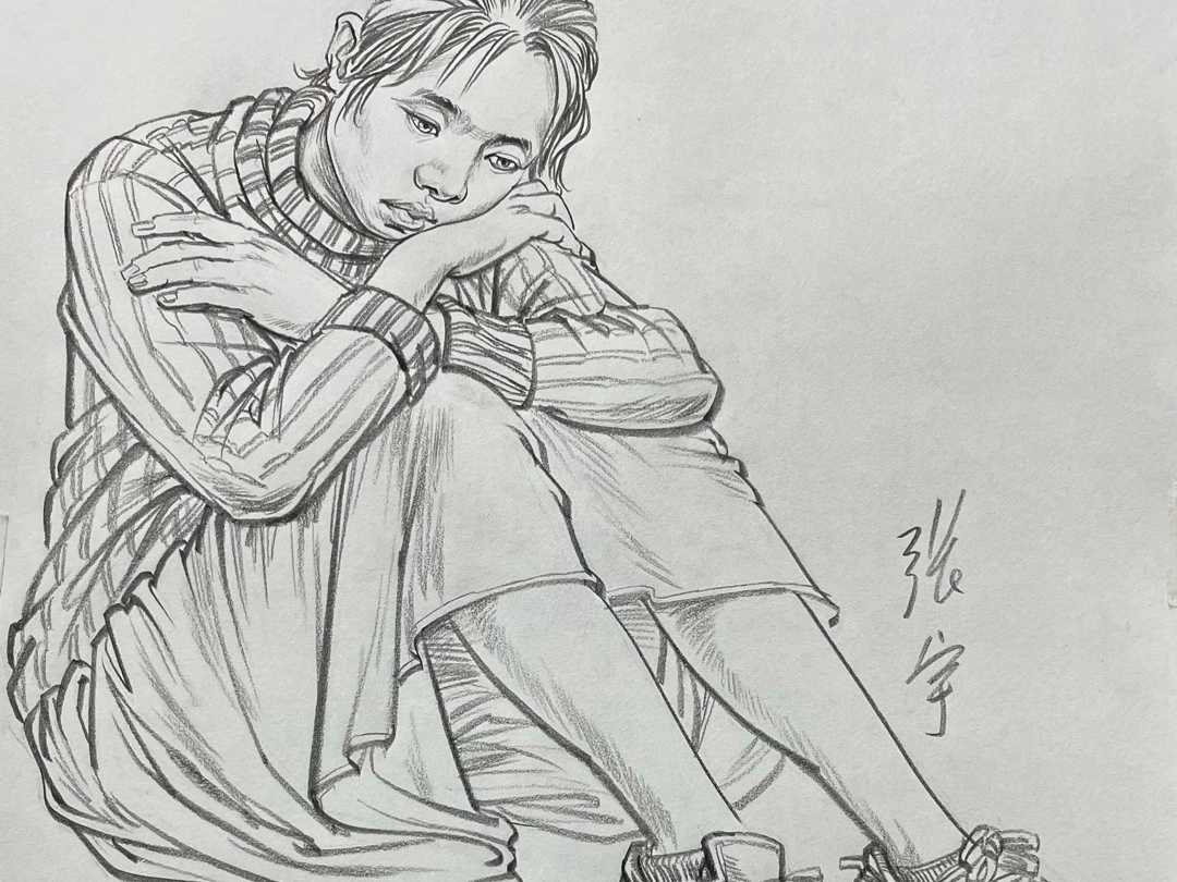 低头沉思的女孩速写