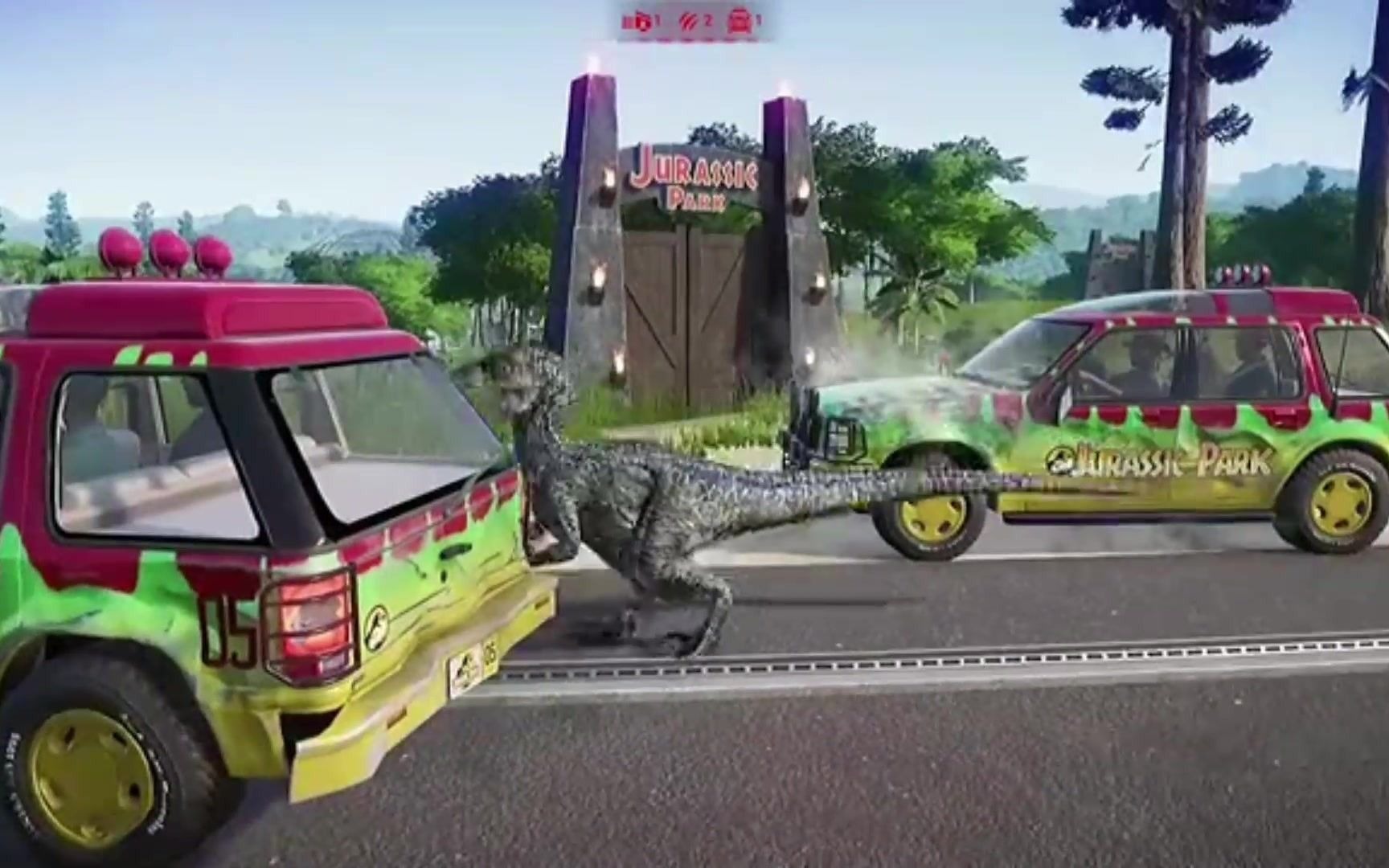 侏罗纪世界进化恐龙从森林里跑了出来过往的汽车遭殃了