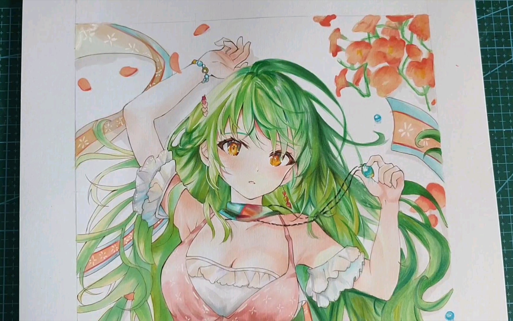 【马克笔手绘】粉面桃花靥 青丝如瀑流 画一个绿色头发的小姐姐