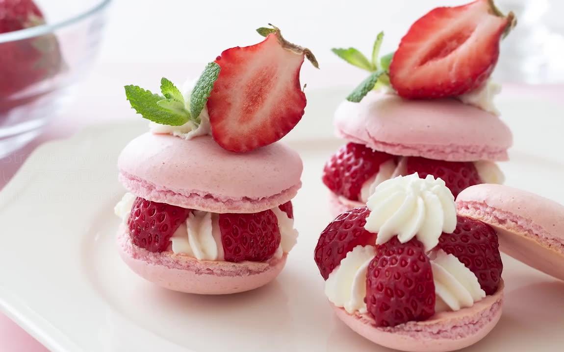 【hidamari cooking】 asmr 粉红少女心草莓马卡龙蛋糕_哔哩哔哩 (゜