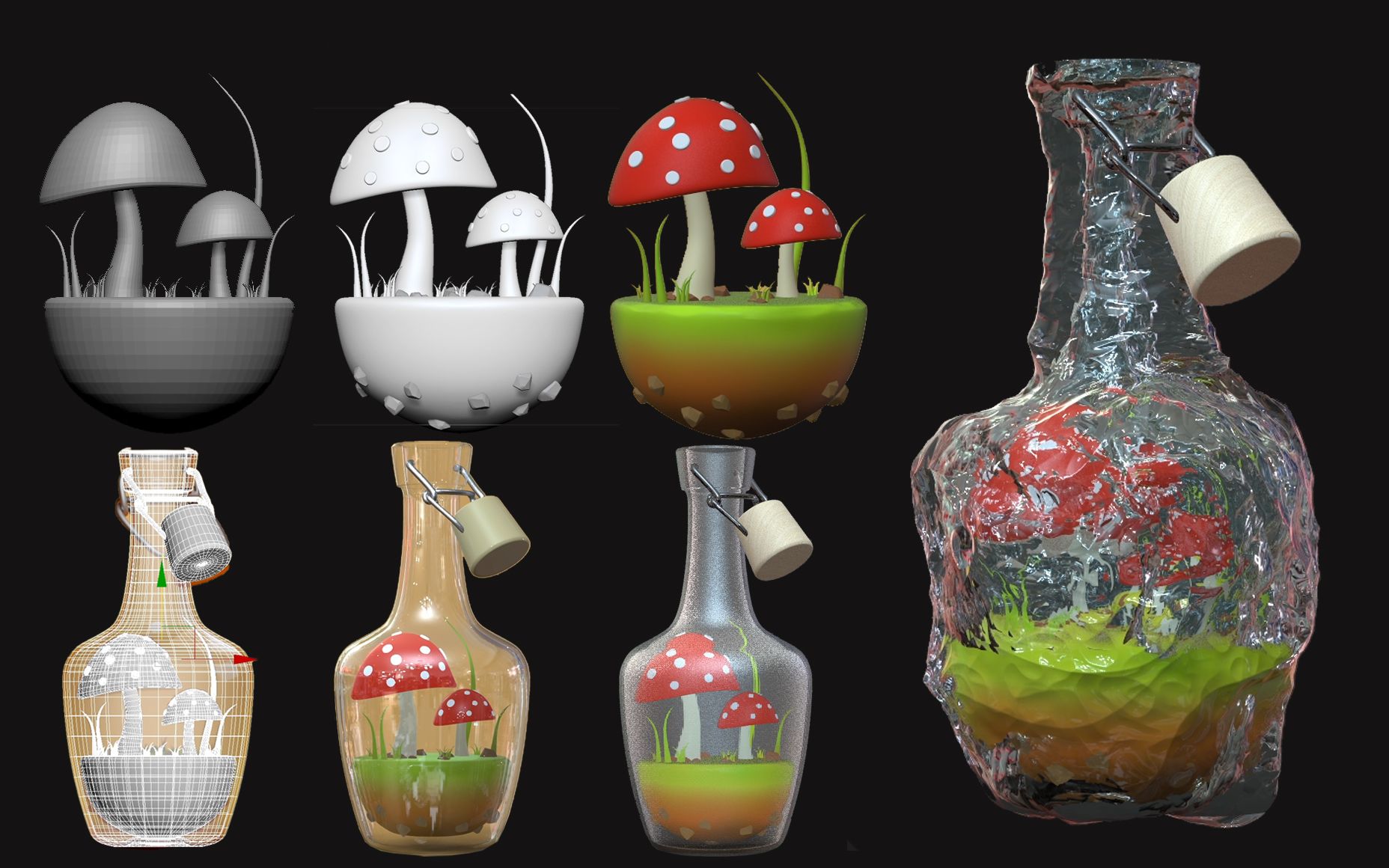 3dmax入门教程:次世代小蘑菇,玻璃瓶模型制作,sp材质贴图绘制教程,零